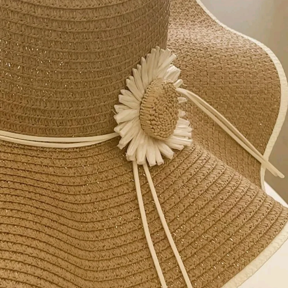 Floppy Hat With Flower Neutral 2-tone Boho Casual Country Vacation Minimalist - Picture 8 of 17